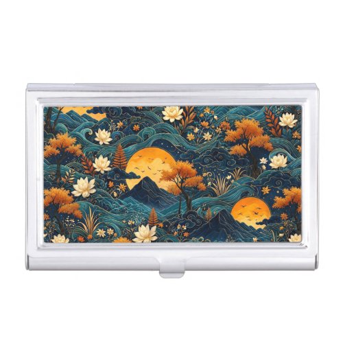 Golden Moon Mountain Night Sky Lotus Floral Pattrn Business Card Case