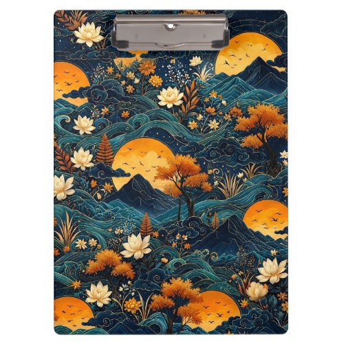 Golden Moon Mountain Night Sky Lotus Floral Pattrn Clipboard