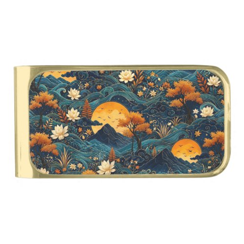 Golden Moon Mountain Night Sky Lotus Floral Pattrn Gold Finish Money Clip