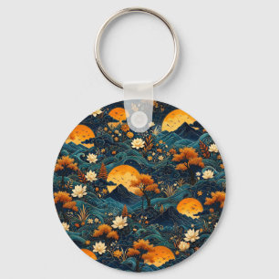 Golden Moon Mountain Night Sky Lotus Floral Pattrn Keychain