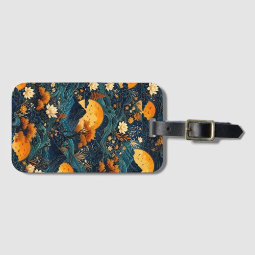 Golden Moon Mountain Night Sky Lotus Floral Pattrn Luggage Tag