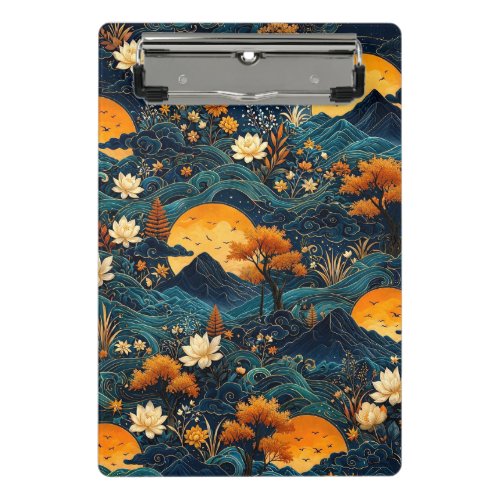 Golden Moon Mountain Night Sky Lotus Floral Pattrn Mini Clipboard