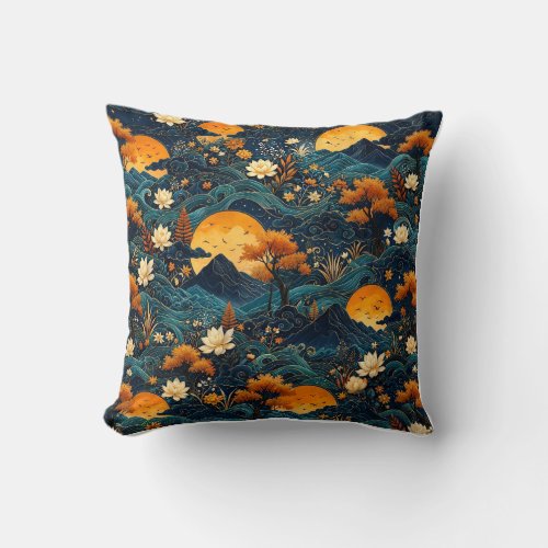Golden Moon Mountain Night Sky Lotus Floral Pattrn Throw Pillow