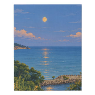 Golden Moon Over Tranquil Sea Coastal Landscape Faux Canvas Print