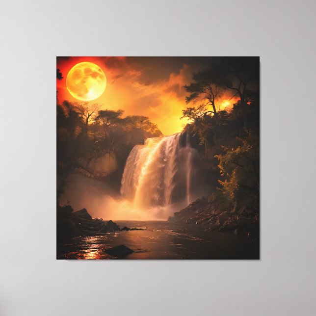 Golden Moonlight Waterfall Fantasy Landscape Canvas Print (Front)