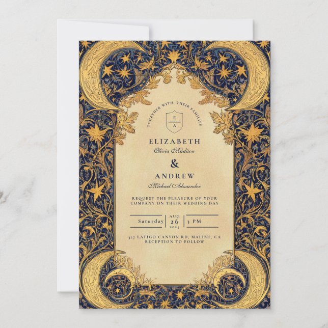 Golden Moonlit Baroque Wedding Invitation (Front)