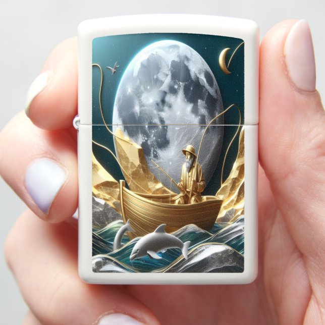 Golden Moonlit Fishing Zippo Lighter (In Hand)