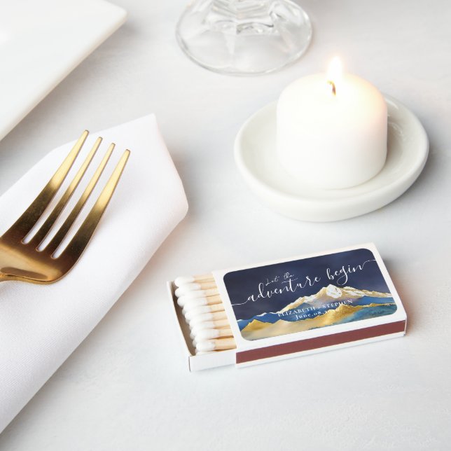 Golden Mountain Let Adventure Begin Wedding Favors Matchboxes (Insitu)