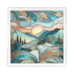 Golden Mountain Peaks Forest Stained Glass Art Acrylic Tray