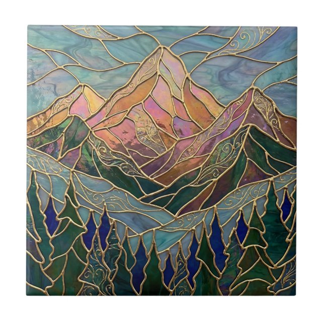 Golden Mountain Peaks Forest Stained Glass Art Ceramic Tile (Front)