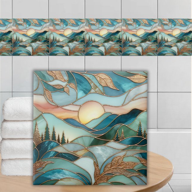 Golden Mountain Peaks Forest Stained Glass Art Ceramic Tile (Creator Uploaded)