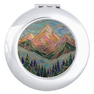 Golden Mountain Peaks Forest Stained Glass Art Compact Mirror