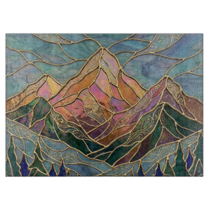 Golden Mountain Peaks Forest Stained Glass Art Cutting Board