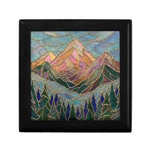 Golden Mountain Peaks Forest Stained Glass Art Gift Box