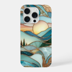 Golden Mountain Peaks Forest Stained Glass Art iPhone 15 Pro Case