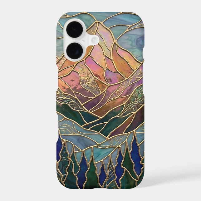 Golden Mountain Peaks Forest Stained Glass Art iPhone Case (Back)