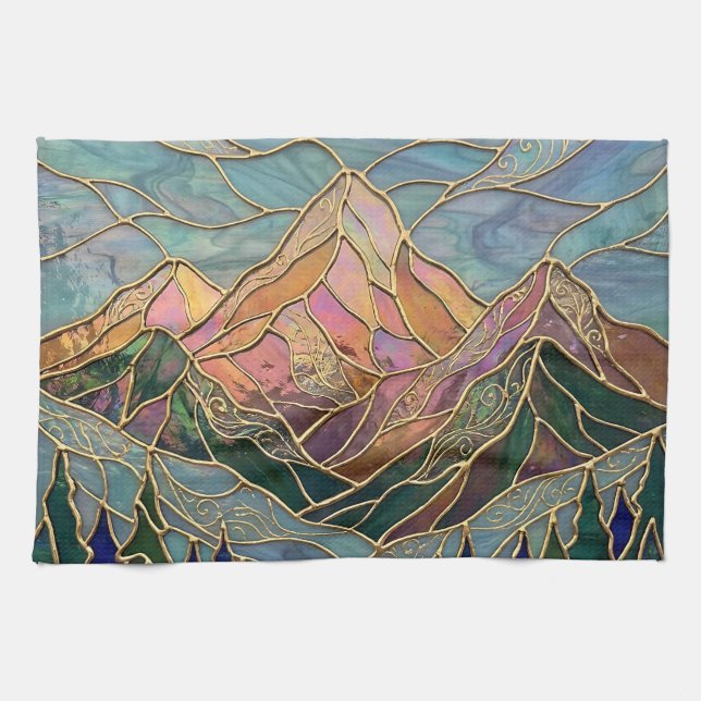 Golden Mountain Peaks Forest Stained Glass Art Kitchen Towel (Horizontal)