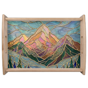 Golden Mountain Peaks Forest Stained Glass Art Serving Tray