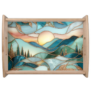Golden Mountain Peaks Forest Stained Glass Art Serving Tray