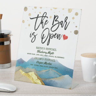 Golden Mountain Wedding The Bar is Open Drink Menu Pedestal Sign