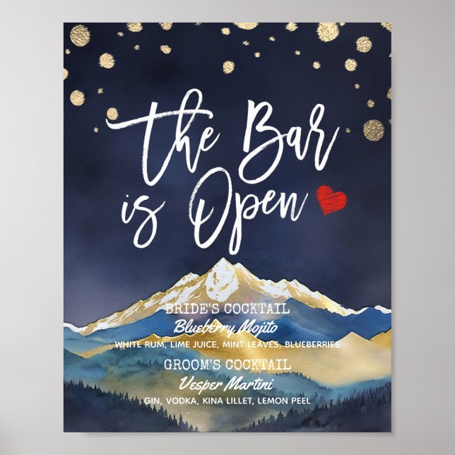 Golden Mountain Wedding The Bar is Open Drink Menu Poster (Front)