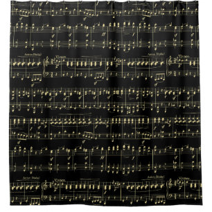 Golden Music Bars on Black Shower Curtain