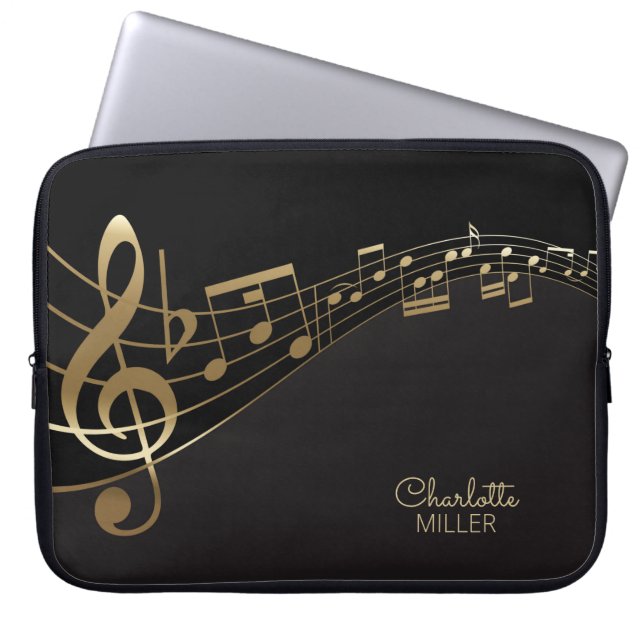 Golden Music Notes and Custom Name Laptop Sleeve (Front)