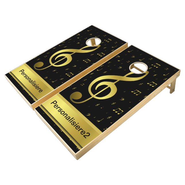 golden music notes in black cornhole set (Angled)