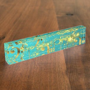 golden music notes in mint desk name plate