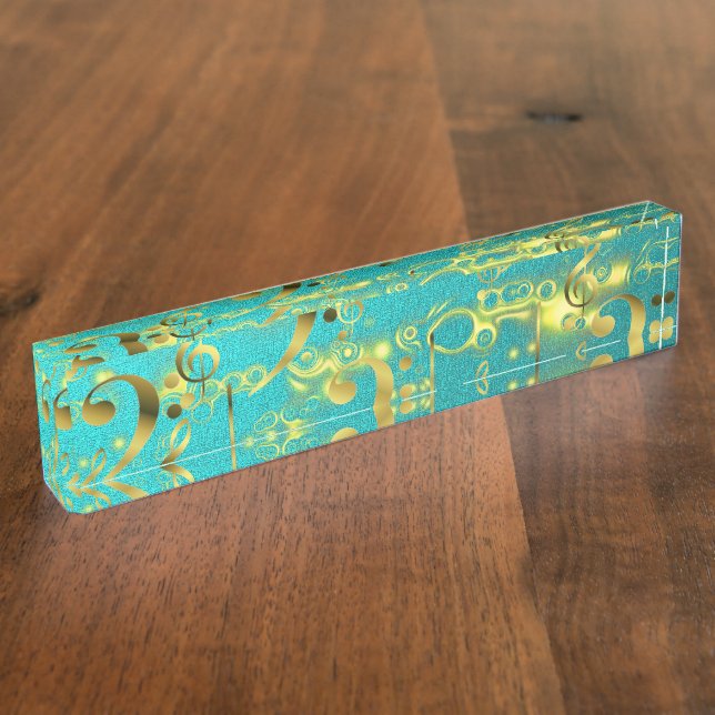 golden music notes in mint desk name plate (Side)