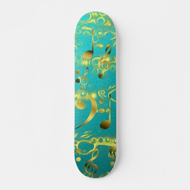 golden music notes in mint skateboard deck (Front)