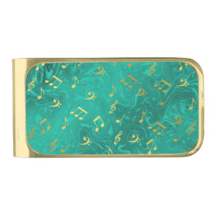 golden music notes pattern gold finish money clip