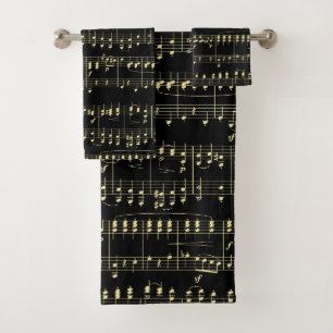 Golden Music on Black Bath Towel Set