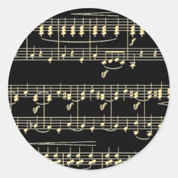 Golden Music On Black  Classic Round Sticker by LwoodMusic at Zazzle
