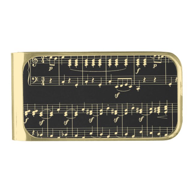 Golden Music on Black  Gold Finish Money Clip (Front)