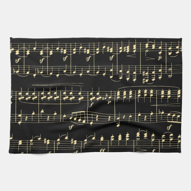 Golden Music on Black  Kitchen Towel (Horizontal)