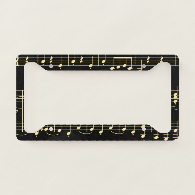 Golden Music on Black  License Plate Frame (Front)
