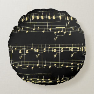 Golden Music on Black  Round Pillow