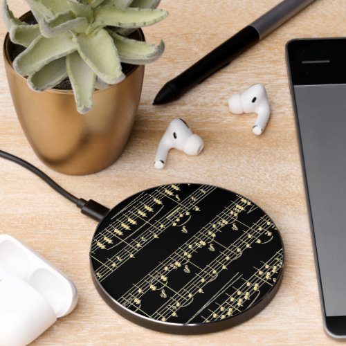 Golden Music on Black  Wireless Charger