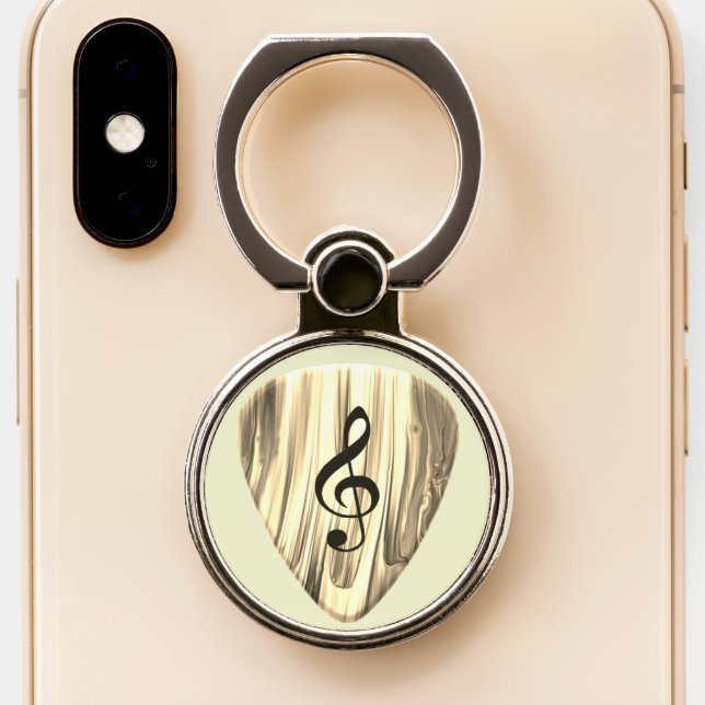 Golden Music Pick – Treble Clef Art Phone Ring Stand (Close Up)