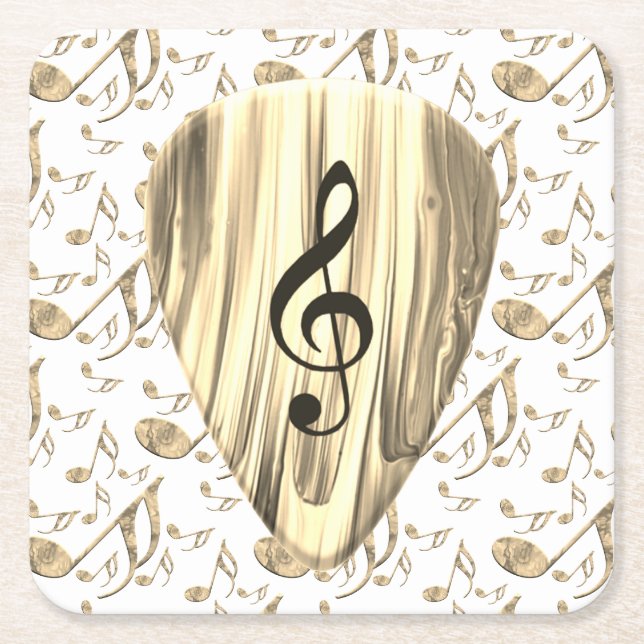 Golden Music Pick – Treble Clef Art Square Paper Coaster (Front)