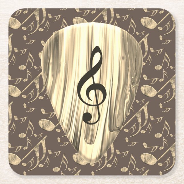 Golden Music Pick – Treble Clef Art Square Paper Coaster (Front)