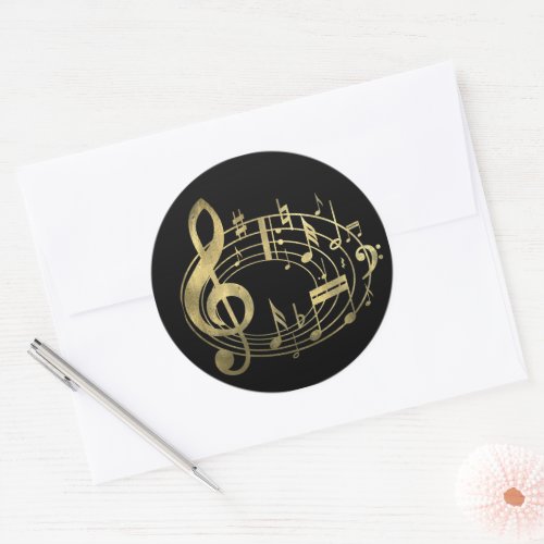 Golden musical notes in oval shape classic round sticker