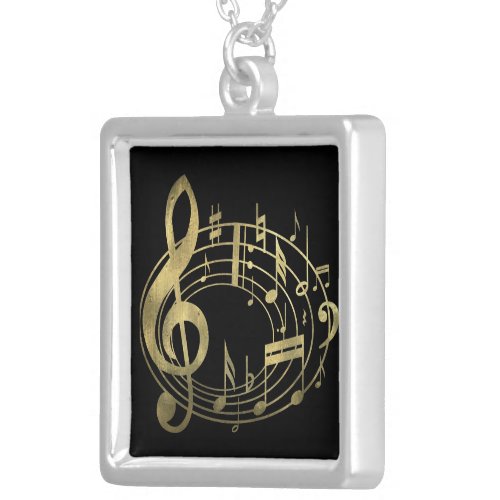 Golden musical notes in oval shape silver plated necklace