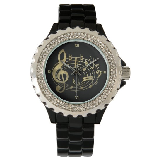 Golden Musical Notes in Oval Shape Wrist Watch