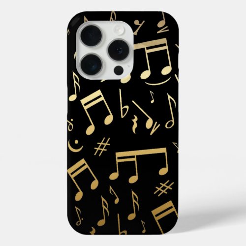 Golden musical notes on Black background iPhone 15 Pro Case