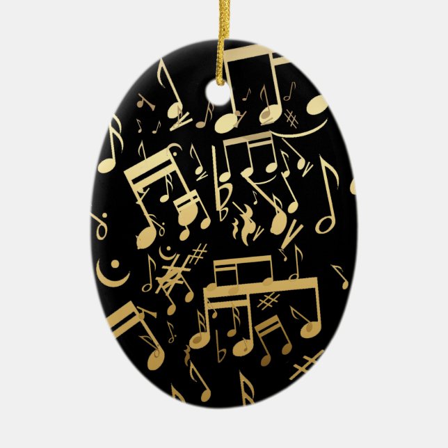 Golden musical notes on Black background Ceramic Ornament (Front)