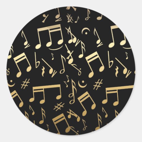 Golden musical notes on Black background Classic Round Sticker