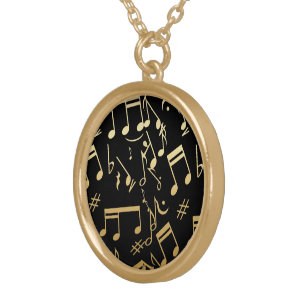 Golden musical notes on Black background Gold Plated Necklace