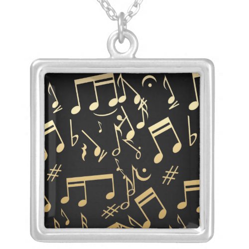 Golden musical notes on Black background Silver Plated Necklace